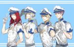  4boys bedivere_(fate) blonde_hair blue_eyes fate/grand_order fate_(series) gawain_(fate) gloves green_eyes hat knights_of_marines knights_of_the_round_table_(fate) lancelot_(fate/grand_order) long_hair looking_at_viewer male_focus multiple_boys one_eye_closed outstretched_hand purple_hair sailor sailor_hat salute short_hair sweatdrop tristan_(fate) v yepnean 