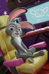  2021 3d_(artwork) 4k 9:16 absurd_res anthro buckteeth chair computer_monitor crossed_legs digital_media_(artwork) disney dutch_angle eyelashes female fever-dreamer flat_chested floppy_ears fur furniture grey_body grey_fur hi_res inside judy_hopps lagomorph leporid looking_at_viewer mammal multicolored_body multicolored_ears multicolored_fur nude office_chair on_chair open_mouth open_smile purple_eyes rabbit scut_tail seductive short_tail sitting sitting_on_chair smile solo solo_focus teeth two_tone_body two_tone_fur weapon white_body white_fur zootopia 
