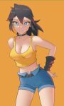  1girl absurdres belt black_belt black_choker black_hair blue_eyes blue_shorts borrowed_character breasts choker cleavage cowboy_shot highres lem looking_at_viewer lucia_(scott_malin) medium_breasts medium_hair midriff navel original ponytail shadow shorts solo tank_top yellow_tank_top 