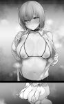  1boy 1girl bangs bare_shoulders bikini breast_grab breasts choker cleavage closed_mouth collarbone collared_shirt cupless_bikini dress_shirt embarrassed fate/grand_order fate_(series) grabbing greyscale hair_over_one_eye highres large_breasts long_sleeves looking_to_the_side mash_kyrielight monochrome multiple_views navel nipples open_clothes open_mouth open_shirt shirt short_hair swimsuit wakamochi-ta 