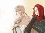  2boys bedivere_(fate) blonde_hair cape chin_stroking closed_eyes fate/grand_order fate_(series) green_eyes grey_hair long_hair male_focus multiple_boys ozymandias_(fate) red_hair thinking yepnean 