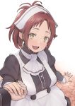  1girl 1other aisha_greyrat apron ascot bakushiishi_at bangs blush breasts brick_road brown_eyes fang green_eyes holding_hands looking_at_viewer maid medium_breasts mushoku_tensei open_mouth ponytail red_hair solo_focus 