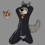 anonymous_artist anthro bent_legs blush canid canine canis clothing collar duo epic_games felid fortnite hands_behind_head hi_res kneeling latex latex_clothing latex_skinsuit male male/male mammal oscar_(fortnite) pantherine sketch skinsuit solo tiger tight_clothing wendell_(fortnite) wolf