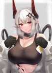  1girl arknights bangs black_bra black_gloves black_hair blush border bra breasts cleavage commentary demon_horns earrings english_commentary gloves gradient_hair grey_background highres horns infection_monitor_(arknights) jewelry jumpsuit kanta_(kanta_077) large_breasts long_hair looking_to_the_side mudrock_(arknights) multicolored_hair oripathy_lesion_(arknights) parted_lips pointy_ears red_eyes silver_hair simple_background solo sports_bra stud_earrings sweat underwear undressing upper_body white_jumpsuit 