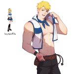  1boy 1girl abs bara bare_arms belt belt_pouch blonde_hair brown_eyes costume earrings fairy_tail genderswap genderswap_(ftm) grin groin head_tilt holding holding_clothes jewelry looking_to_the_side lucy_heartfilia male_focus muscular muscular_male neckerchief open_clothes open_vest pectoral_cleavage pectorals pouch projected_inset punim410 short_hair smile solo_focus standing stud_earrings tattoo underpec vest white_background 