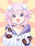  1girl bangs bimmy blush choker d-pad d-pad_hair_ornament eyebrows_visible_through_hair hair_between_eyes hair_ornament highres hood hoodie looking_at_viewer neptune_(neptune_series) neptune_(series) open_mouth purple_eyes purple_hair short_hair sidelocks simple_background smile solo white_hoodie 