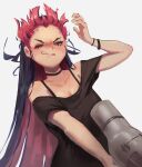  1girl absurdres aqua_eyes armlet black_choker black_hair black_shirt black_straps bra_strap breasts choker cleavage clenched_teeth collarbone colored_inner_hair eyelashes floating_hair furrowed_brow hair_dryer hexlaze highres holding holding_hair_dryer jewelry large_breasts long_hair long_shirt multicolored_hair narrowed_eyes off-shoulder_shirt off_shoulder one_eye_closed panty_&amp;_stocking_with_garterbelt pink_hair shirt short_sleeves solo stocking_(psg) teeth 