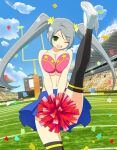  1girl :d american_football american_football_goalpost audience bikini bikini_top_only black_thighhighs blue_skirt border bra breasts breasts_squeezed_together card_(medium) character_name cheerleader cleavage confetti crowd game_cg grass green_eyes grey_hair hair_ornament hairclip high_kick holding holding_pom_poms kicking large_breasts long_hair looking_at_viewer lowres midriff official_art one_eye_closed open_mouth pink_bikini pink_bra pleated_skirt pom_pom_(cheerleading) senran_kagura senran_kagura_new_wave shoes skirt smile solo stadium stadium_lights standing standing_on_one_leg star_(symbol) star_hair_ornament star_print swept_bangs swimsuit thighhighs third-party_source tsubame_(senran_kagura) twintails underboob underwear very_long_hair white_shoes winged_shoes yellow_trim 