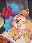 absurd_res animal_genitalia anthro balls balls_on_face big_penis bodily_fluids bow_ribbon caelus canid canine canine_genitalia canis christmas dripping drooling duo felid gabriel_fahn genital_fluids genitals gift hi_res holidays holly_(plant) huge_penis kneeling lion lustful_gaze male male/male mammal pantherine penis plant precum precum_drip ribbon_on_penis saliva under_penis vesper_art wolf