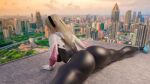  1girl ass ass_focus back blonde_hair bodysuit city day from_behind gwen_stacy highres hood hood_down long_hair lying marvel mavixtious on_stomach spider-gwen spider-man_(series) spider_web_print spread_legs 