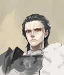  1boy agravain_(fate) armor black_hair cape fate/grand_order fate_(series) forehead fur-trimmed_cape fur_trim grey_hair hair_slicked_back male_focus serious solo yepnean 