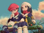  1boy 1girl :t akari_(pokemon) bench black_hair black_shirt closed_mouth cloud commentary cyndaquil day eating eyelashes food food_on_face from_below grey_eyes hat head_scarf highres holding holding_food jacket loose_socks ntakehisa onigiri outdoors pants pokemon pokemon_(creature) pokemon_(game) pokemon_legends:_arceus ponytail red_headwear red_scarf rei_(pokemon) rowlet scarf shirt sidelocks sitting sky smile white_headwear 