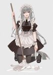  1girl alternate_costume apron arknights ascot bangs black_ascot black_dress black_footwear black_legwear bracelet breasts cup dress enmaided eyebrows_visible_through_hair frilled_shirt_collar frills full_body grey_background highres holding holding_mop jewelry kernel_killer kneeling long_hair maid maid_headdress medium_breasts mob mop open_mouth pantyhose puffy_short_sleeves puffy_sleeves red_eyes shoes short_sleeves silver_hair simple_background skadi_(arknights) solo spill very_long_hair white_apron wrist_cuffs 