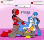  2025 4_fingers absurd_res anal anal_penetration anthro anthro_penetrating anthro_penetrating_humanoid arm_pull avian bald balls balls_touching beak big_balls big_penis bird black_body black_eyes blue_balls blue_boots blue_clothing blue_footwear blue_penis blue_sclera blush bodily_fluids boots clothing dirty_talk english_text erection feathers felino fellatio fingers footwear foreskin foursome from_behind_position frottage gangbang genital_fluids genitals glans grey_balls grey_body grey_boots grey_clothing grey_footwear grey_glans grey_penis group group_sex hand_on_hip handjob head_grab hi_res humanoid humanoid_genitalia humanoid_on_anthro humanoid_penetrated humanoid_penis interspecies looking_pleasured lust_bar machine male male/male male_penetrated male_penetrating male_penetrating_male masturbation metallic_body mouthless no_pupils oral penetration penguin penile penile_masturbation penis penises_touching pink_background precum prison_guard_position profanity red_balls red_body red_boots red_clothing red_eyes red_footwear robot saliva sex shoes side_view simple_background spitroast standing text white_body white_eyes white_feathers yellow_beak yellow_body yellow_eyes yellow_glans 