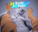anthro duo epic_games felid fortnite fur hi_res lion looking_at_viewer male male/male mammal muscular muscular_anthro muscular_male orange_body orange_fur oscar_(fortnite) pantherine parllyx tiger white_body white_fur