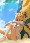  barefoot beach behind_back blonde_hair fate/grand_order fate_(series) green_eyes mordred_(fate) mordred_(swimsuit_rider)_(fate) ponytail prydwen_(fate) sailor_collar sailor_shirt sand shirt side-tie_shirt sitting smile surfboard white_shirt yepnean 