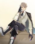  1boy ascot bishounen black_cape black_gloves blonde_hair boots cape fate/prototype fate_(series) gloves jekyll_and_hyde_(fate) no_eyewear solo vest vial waistcoat yepnean 