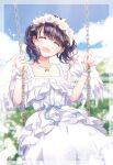  1girl absurdres angel angel_wings black_hair closed_eyes commentary_request dress facing_viewer feathers flower flower_wreath fukumaru_koito hair_flower hair_ornament highres idolmaster idolmaster_shiny_colors jewelry migechi necklace open_mouth outdoors solo swing twintails white_dress wings 