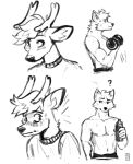  ? anthro blush bodily_fluids canid canine canis caught cervid clothed clothing duo embarrassed exercise hi_res male male/male mammal muscular partially_clothed seagullart shirtless surprise sweat sweatdrop sweater topwear water_bottle weightlifting wolf workout 