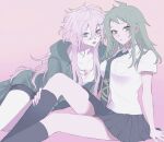  2girls :d :o ahoge black_shorts black_skirt black_socks breasts collared_shirt danganronpa_(series) danganronpa_2:_goodbye_despair genderswap genderswap_(mtf) green_hair green_jacket green_necktie grey_hair highres hinata_hajime hood hood_down hooded_jacket jacket kneehighs komaeda_nagito large_breasts long_hair multiple_girls necktie open_clothes open_jacket open_mouth pleated_skirt ro_(wgan35) shirt shorts simple_background sitting skirt smile socks white_shirt 