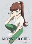  1girl amanda_(invincible) bangs blunt_bangs brown_hair character_name commentary_request dobato green_eyes green_pants grey_background hand_up invincible_(series) long_hair looking_at_viewer monster_girl_(invincible) pants ponytail shadow shirt shoes short_sleeves smile solo white_footwear white_shirt 