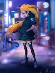  blue_hair blurry blurry_background bubble_blowing chewing_gum city_lights commentary contrapposto cyber_pop_zoe dated glasses green_hair hands_in_pockets headphones heart heterochromia highres hood hoodie league_of_legends long_hair miniskirt orange_hair skirt skull thighhighs vegefish zoe_(league_of_legends) 