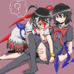  ? arrow_print asymmetrical_wings black_thighhighs blue_bow blue_bowtie blue_sash bow bowtie bracelet breath center_frills commentary_request cone_horns dress fang frills gold_bracelet groping heavy_breathing highres horns houjuu_nue jewelry kijin_seija menou_74 multicolored_dress multicolored_hair red_bow red_eyes sash short_hair short_sleeves skin_fang speech_bubble streaked_hair thighhighs thighs thought_bubble touhou wings yuri 