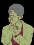  1boy absurdres blood blood_in_hair blood_on_clothes blood_on_face blood_on_hands closed_mouth collared_shirt commentary_request dongrang_(project_moon) glasses hand_on_own_wrist highres lab_coat lapels limbus_company mln_hxh monochrome necktie notched_lapels project_moon red_theme shirt smile solo wing_collar 