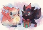  box bright_pupils commentary fang gift gift_box green_eyes half-closed_eyes highres hisuian_zorua kotone11152 mouth_hold no_humans open_mouth pokemon pokemon_(creature) smile toes tongue twitter_username white_pupils yellow_eyes zorua 