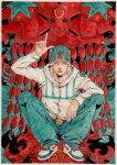  1boy 1other absurdres adapted_costume alternate_costume aqua_hat aqua_pants beanie belt_buckle buckle english_commentary food fruit hat heart_ornament highres hood hood_down hoodie horse_print horseshoe_hat_ornament horseshoe_ornament index_finger_raised johnny_joestar jojo_no_kimyou_na_bouken long_sleeves male_focus medium_hair painting_(medium) pants pointing pointing_up red_eyes shoes sitting sneakers solo stand_(jojo) star_(symbol) star_print steel_ball_run traditional_media tusk_(stand) tusk_act4 watercolor_(medium) white_hair white_hoodie xfkart 