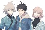  1girl 2boys :o ahoge blue_jacket breasts brown_hair closed_mouth danganronpa_(series) danganronpa_2:_goodbye_despair flipped_hair grey_hair grey_hoodie grey_shirt hair_between_eyes hinata_hajime hood hood_down hoodie jacket komaeda_nagito medium_breasts medium_hair multiple_boys nanami_chiaki official_alternate_costume open_clothes open_jacket pink_eyes plaid_clothes plaid_shirt shirt sho_(molo_bht) short_hair simple_background smile upper_body white_background 