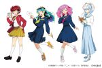 4girls ;d benten_(urusei_yatsura) black_shoes blue_eyes blue_hair blue_shoes blue_skirt book closed_mouth commentary_request full_body green_eyes grin hand_on_own_hip holding holding_book holding_letter holding_notebook holding_pencil letter long_hair long_skirt lum multiple_girls notebook official_art one_eye_closed open_mouth orange_eyes orange_shoes oyuki_(urusei_yatsura) pencil pink_eyes pink_hair pink_shoes pleated_skirt ponytail ran_(urusei_yatsura) red_hair sailor_collar school_uniform shoes short_hair skirt smile urusei_yatsura white_hair yellow_sailor_collar yellow_skirt 