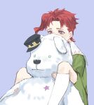  1boy birthmark cherry_print child food_print joestar_birthmark jojo_no_kimyou_na_bouken kakyoin_noriaki kneehighs kujo_jotaro male_focus purple_eyes red_hair solo stuffed_animal stuffed_toy teddy_bear white_legwear yepnean younger 