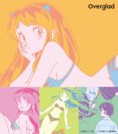  1boy 1girl :d animal_print bare_shoulders bikini blue_bikini blue_horns breasts cleavage collarbone commentary_request cone_horns fur_bikini green_bikini green_hair green_horns horns looking_at_viewer lum midriff moroboshi_ataru official_art orange_bikini orange_hair orange_horns pink_hair pleated_skirt print_bikini school_uniform skirt small_horns smile strapless strapless_bikini swimsuit tiger_panties tiger_print urusei_yatsura 