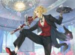  blonde_hair chandelier clarent_(fate) cup fate/apocrypha fate/grand_order fate_(series) flower formal gloves green_eyes mordred_(fate) mordred_(fate/apocrypha) petals ponytail sidelocks suit sword teacup teapot tray vest waistcoat waiter weapon white_gloves yepnean 