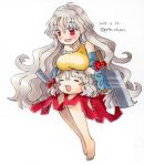  1girl blush breast_rest breasts breasts_on_head cleaver closed_eyes collarbone commentary_request dated fang grey_hair large_breasts long_hair one-hour_drawing_challenge parted_lips proton red_eyes red_skirt sakata_nemuno shirt sitting skin_fang skirt sleeveless sleeveless_shirt smile touhou traditional_media twitter_username wavy_hair white_background yellow_shirt yukkuri_shiteitte_ne 