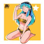  1girl animal_print aqua_hair artist_logo barefoot between_legs bikini border breasts collarbone commentary_request cone_horns dated fang full_body hand_between_legs highres horns jirohhb logo long_hair looking_at_viewer lum navel one_eye_closed orange_eyes pointy_ears print_bikini sidelocks simple_background sitting solo star_(symbol) swimsuit tiger_print urusei_yatsura v wariza white_border yellow_background 