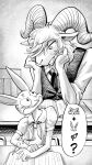  2021 5_fingers angry anthro beastars blush book bovid caprine chair clothed clothing cross-popping_vein dall_sheep desk digital_media_(artwork) duo embarrassed female fingers furniture gender_symbol greyscale haru_(beastars) hi_res horn lagomorph leporid male mammal monochrome necktie nowego_(artist) pencil_(object) pictographics pina_(beastars) rabbit sheep shirt size_difference speech_bubble symbol table teasing topwear vest 