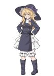  1girl black_boots black_gloves black_hat black_jacket blonde_hair bloomers blush boots bow braid commentary_request forbidden_scrollery full_body gloves grin hair_bow hands_on_own_hips hat hat_bow highres jacket kirisame_marisa kiyo_(tomoki6107) long_hair long_sleeves looking_at_viewer official_alternate_costume purple_bow side_braid simple_background single_braid smile solo touhou white_background white_bloomers witch_hat yellow_eyes 