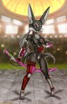  2020 absurd_res anthro breasts digital_media_(artwork) felid female hair hi_res holding_object holding_weapon hybrid inner_ear_fluff lagomorph leporid lights mammal mia_phase nipples pantherine ponytail purple_eyes rabbit scar solo tuft viroveteruscy weapon world_gates 