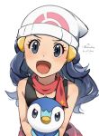  1girl :d bare_arms beanie black_hair blush commentary_request dawn_(pokemon) echizen_(n_fns17) eyelashes grey_eyes hair_ornament hairclip hat highres holding holding_pokemon long_hair open_mouth piplup pokemon pokemon_(anime) pokemon_(creature) pokemon_dppt_(anime) scarf simple_background sleeveless smile sparkle tongue twitter_username white_background white_headwear 