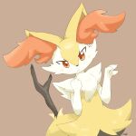  2019 3_fingers anthro blush braixen brown_background ear_tuft fingers fur hi_res kemono looking_at_viewer multicolored_body multicolored_fur mutoh_ryo nintendo pok&eacute;mon pok&eacute;mon_(species) red_eyes simple_background solo standing tuft twig two_tone_body two_tone_fur video_games white_body white_fur yellow_body yellow_fur 