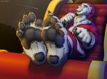  anthro big_feet black_pawpads blue_eyes candy candy_cane christmas claws clothing costume dessert feet food foot-paws foot_fetish foot_focus fur hindpaw holidays male mammal overweight overweight_male pawpads paws pointing_at_foot polar_bear santa_claus santa_costume sitting sleigh soles solo toe_claws ursid ursine white_body white_fur 
