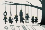  6+others absurdres angel angel_wings avogado6 commentary from_behind halo hanged hanging_on_another highres limited_palette multiple_others noose original shadow simple_background sitting standing suicide swing swing_set tire_swing tree white_background wings 