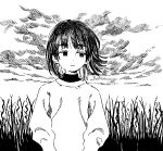  1girl absurdres closed_mouth cloud cloudy_sky commentary_request expressionless greyscale highres long_sleeves monochrome muji_(uimss) original outdoors plant short_hair sky solo sweater turtleneck turtleneck_sweater upper_body 
