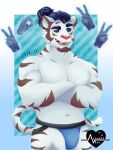 absurd_res anthro ayasakiace clothed clothing digital_media_(artwork) disembodied_hand felid ghost_hands hair hi_res jockstrap jockstrap_only looking_at_viewer male male/male mammal pantherine simple_background smile solo suit tiger underwear 