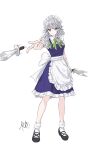  1girl absurdres ankle_socks apron arm_up black_boots blue_dress boots braid breasts collared_shirt commentary_request dress frilled_dress frills full_body green_ribbon grey_hair hair_ribbon highres holding holding_knife izayoi_sakuya kashiwada_kiiho knife maid maid_headdress mary_janes medium_dress medium_hair messy_hair neck_ribbon ribbon shirt shirt_under_dress shoes short_sleeves signature simple_background sleeveless sleeveless_dress small_breasts socks solo standing swept_bangs throwing throwing_knife touhou twin_braids waist_apron weapon white_apron white_background white_shirt wing_collar 