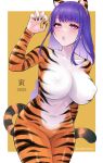  1girl :o animal_ears animal_print bangs bodystocking bodysuit braid braided_ponytail breasts claw_pose claws covered_nipples eyebrows_visible_through_hair genshin_impact highres large_breasts legs_together lipstick looking_at_viewer makeup mole mole_under_eye purple_eyes purple_hair purple_lips raiden_shogun skin_tight skindentation solo tail terumin_(yuganda_sebone) thighs tiger_ears tiger_girl tiger_print tiger_stripes tiger_tail 