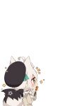  +_+ 1girl animal_ears beige_shirt beret black_headwear blush chibi commentary_request eating fox_ears fox_girl fox_tail green_eyes hat highres hololive long_sleeves looking_away muuran negative_space pentagram shirakami_fubuki simple_background tail virtual_youtuber white_background white_hair 