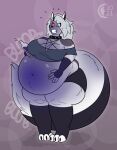  anthro belly belly_expansion beverage blueberry_inflation breast_expansion breasts canid canid_demon color_change demon expansion female hellhound helluva_boss hip_expansion loona_(helluva_boss) mammal rumbling_stomach soda solo theguynooneremembers_(artist) thigh_expansion worried 